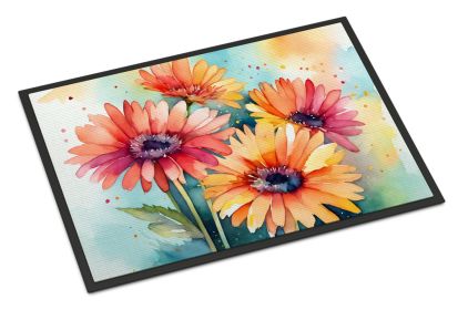 NEW Gerbera Daisies in Watercolor Doormat Front Door Mat Indoor Outdoor Rugs for Entryway, Non Slip Washable Low Pile, 18H X 27W (Default: Default)